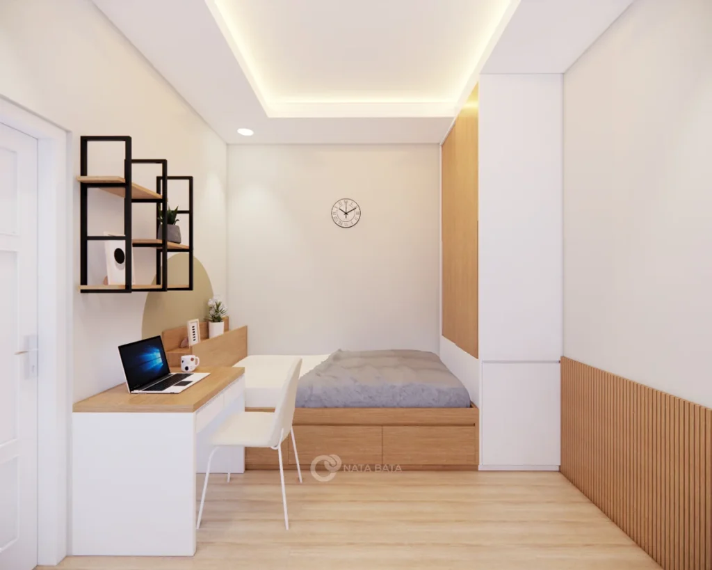 Desain kamar kos minimalis 2,9x2,9 meter dengan ranjang, meja belajar, dan pencahayaan LED