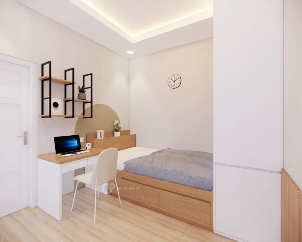 Desain kamar kos dengan ranjang built-in dan suasana terang bernuansa kayu