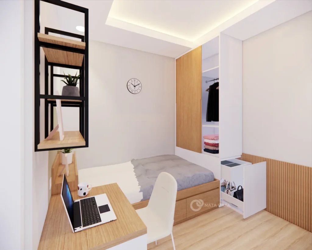 Interior kamar kos dengan meja kerja, rak besi kayu, dan wardrobe minimalis