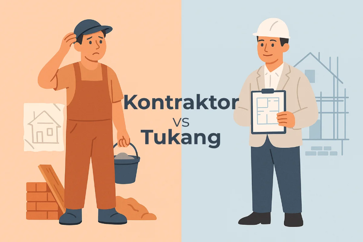 ilustrasi flat 2D kontraktor vs tukang dalam proyek rumah, menunjukkan perbedaan sistem kerja dan hasil proyek