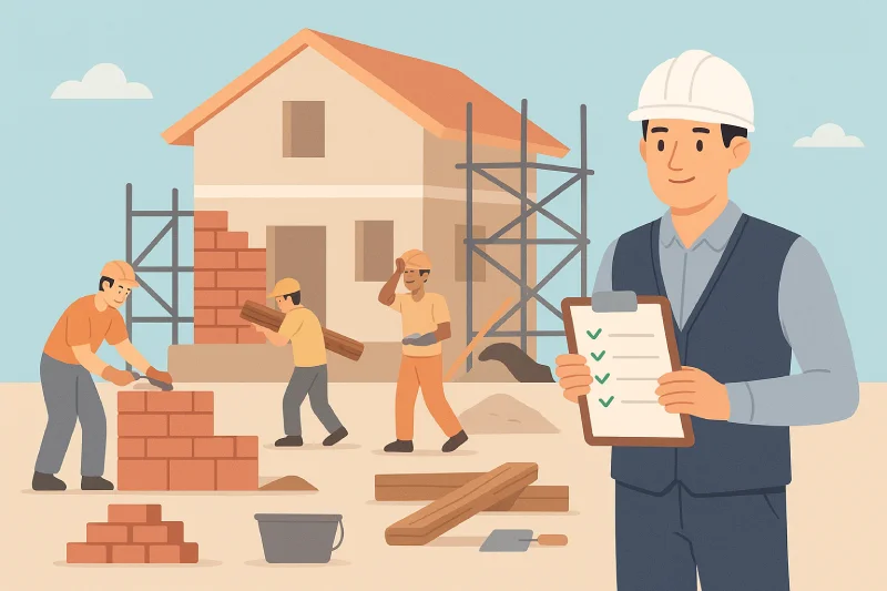 ilustrasi kontraktor mengawasi tukang dalam proyek rumah besar