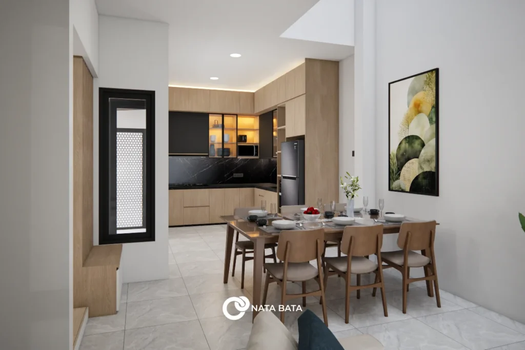 rior dapur modern minimalis dengan kabinet kayu, backsplash hitam elegan, meja makan kayu, serta dekorasi dinding artistik