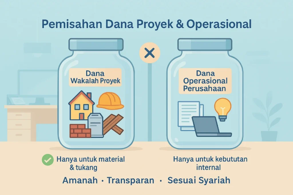 Ilustrasi flat 2D pastel menunjukkan pemisahan dana proyek wakalah dengan dana operasional perusahaan pada kontraktor syariah, transparan dan amanah.
