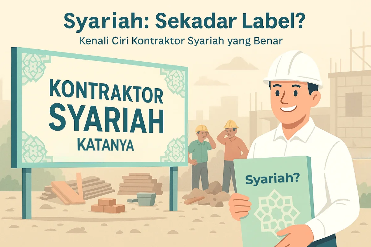 Ilustrasi satir flat 2D pastel tentang kontraktor berlabel syariah; papan proyek rapi bertuliskan “Kontraktor Syariah” sementara di baliknya pekerja kacau dan uang berpindah tangan.